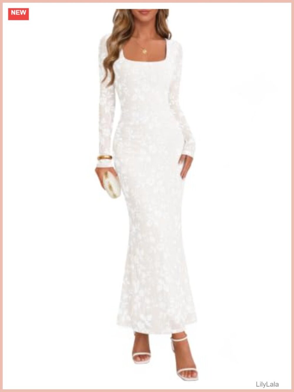 Flocked Mesh Maxi Dress Long Sleeve Mermaid Hem Formal Wedding Guest